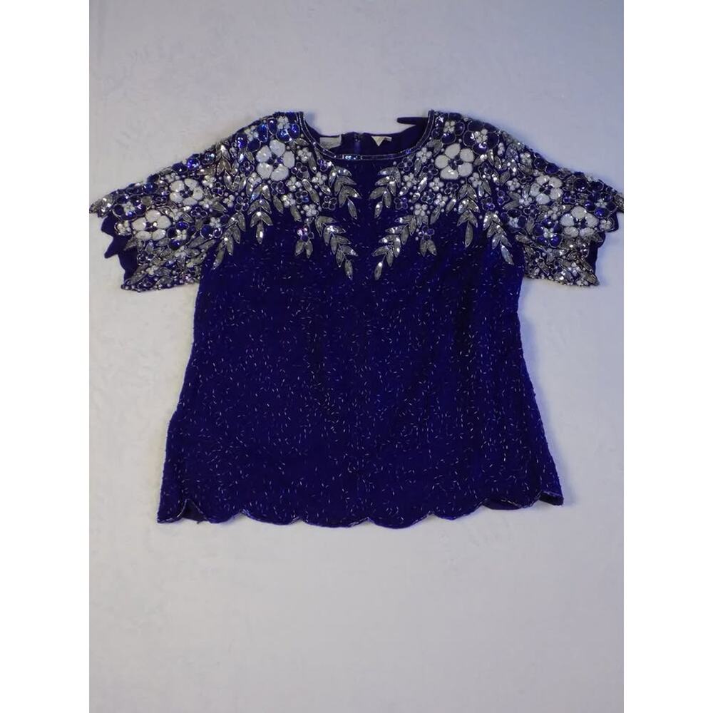 VTG D'Albert‎ Sequin Beaded Blouse Eveningwear Blue Flower 80s 100% Silk